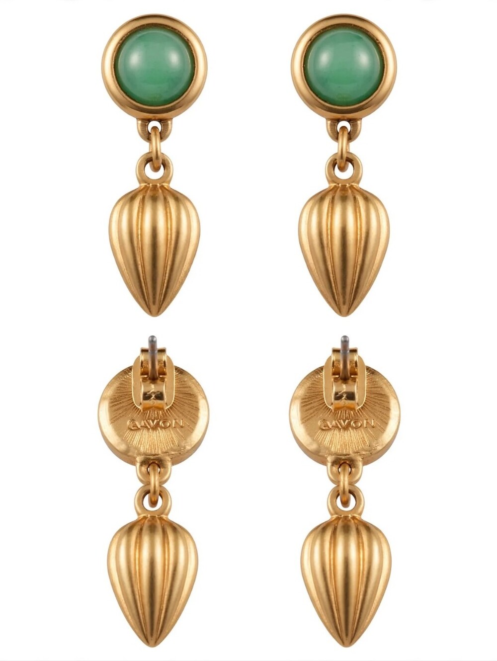 Vintage Avon Gold Tone Green Aventurine Faux Jade Cabochon Drop Earrings